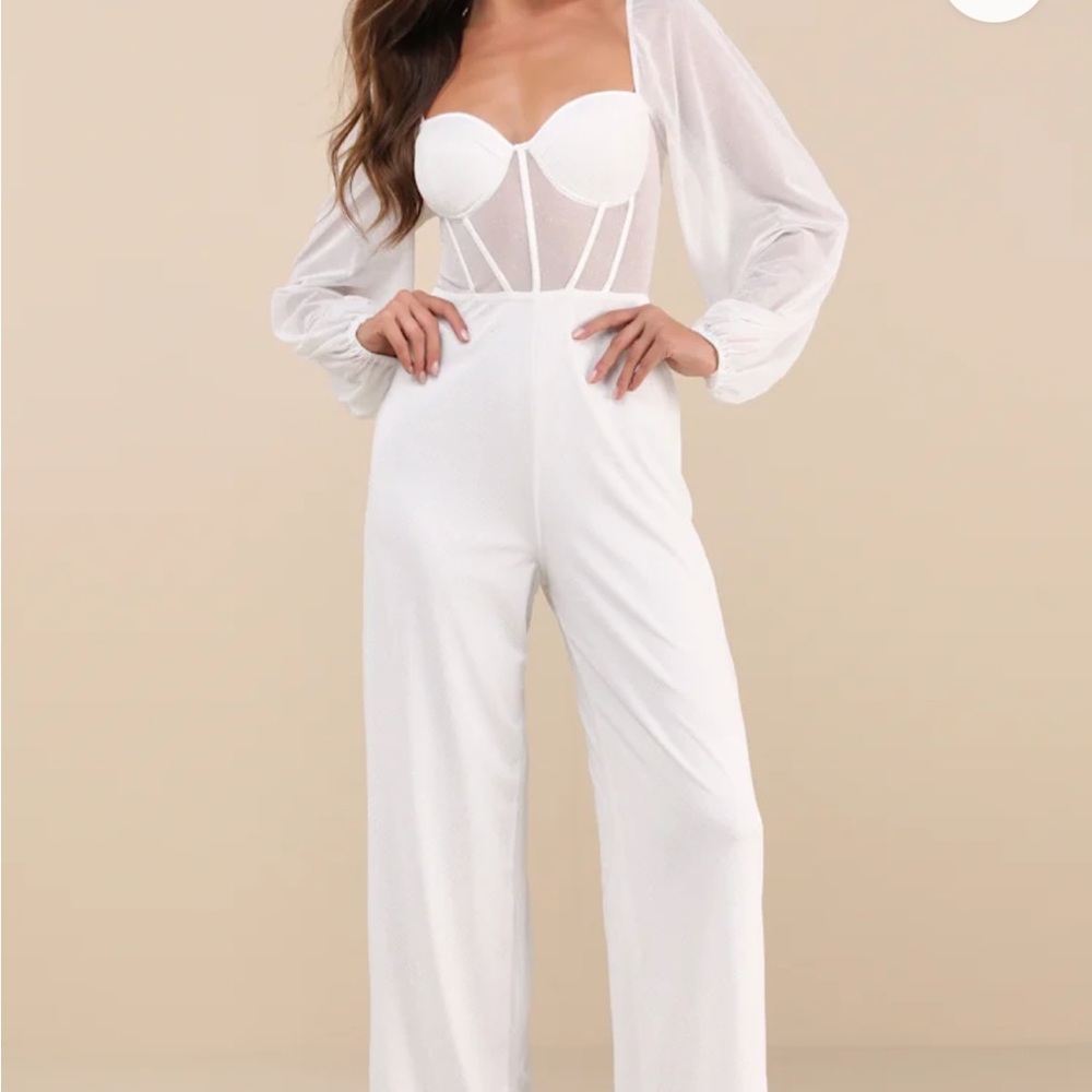 Lulu’s Magnetic Glamour White Balloon Sleeve Mesh Bustier Jumpsuit